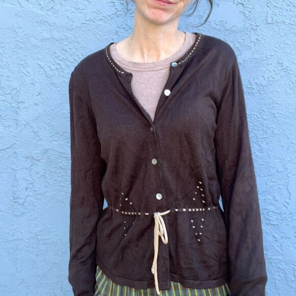 90s Brown Cardigan in Large Liz Claiborne preppy minimalist goblincore - Picture 3 of 13